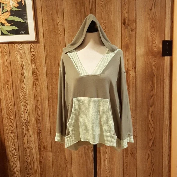 🥑POL Hooded Brown and Green Mixed-Fabric Top (L)🥑 - Picture 1 of 10